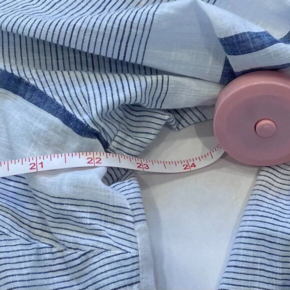 Blue, White Striped Cotton Button Down Lightweight Shirt Roll Tab Sleeves, 1X - Picture 12 of 13